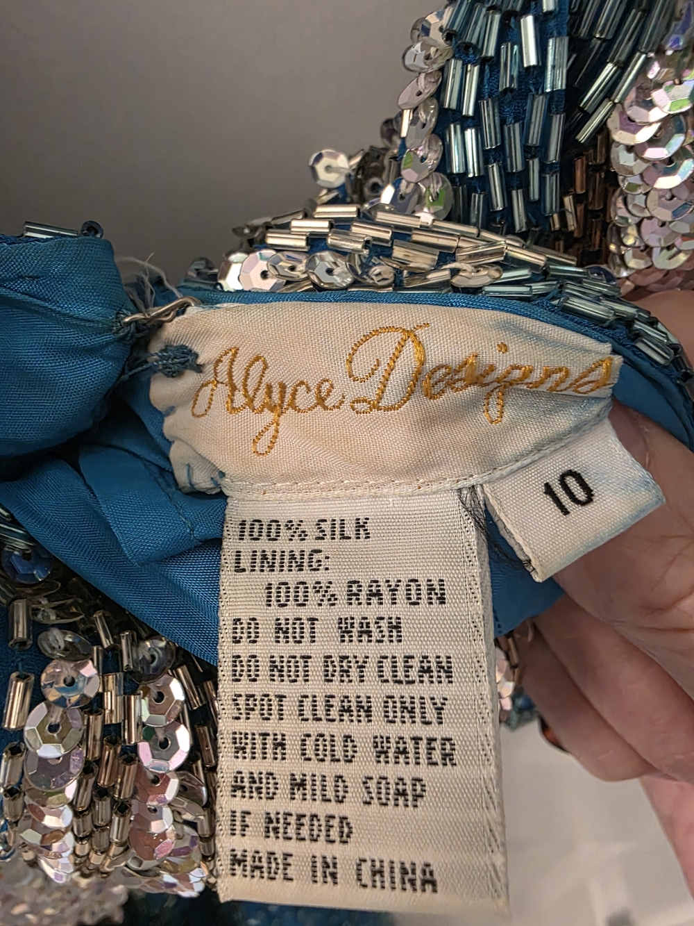 Vintage Alyce Designs 100% Silk Heavily Beaded Teal Gown Size 10 - Picture 3 of 5